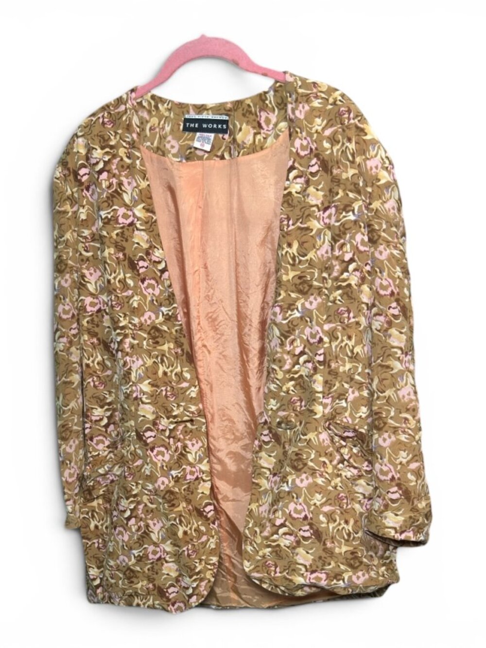 Vintage Saks Fifth Avenue The Works 100% Silk Floral Blazer Jacket Size 14 Peach